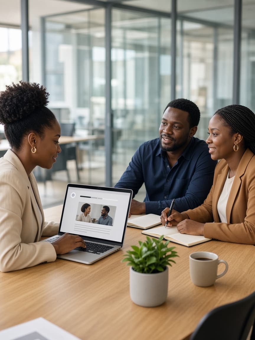 Colleagues collaborating on workplace inclusion learning in a modern office