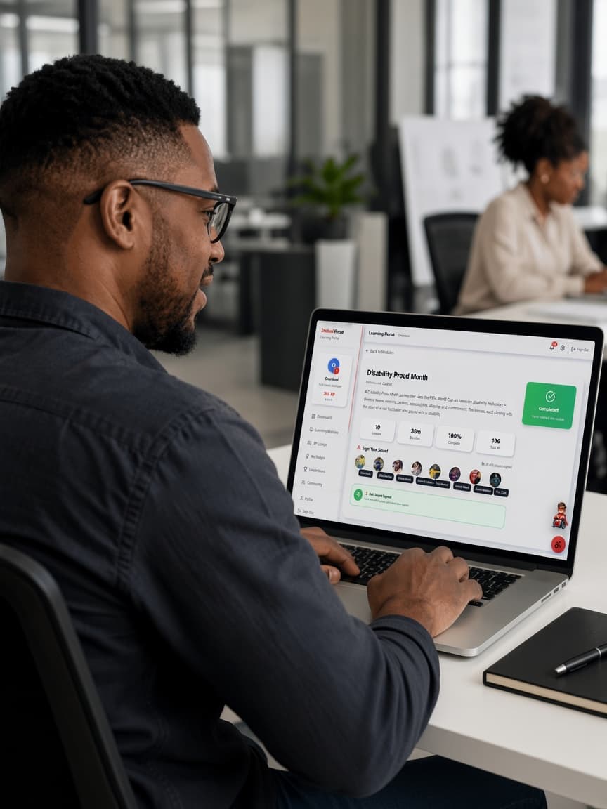 Professional using InclusiVerse on a laptop in the workplace