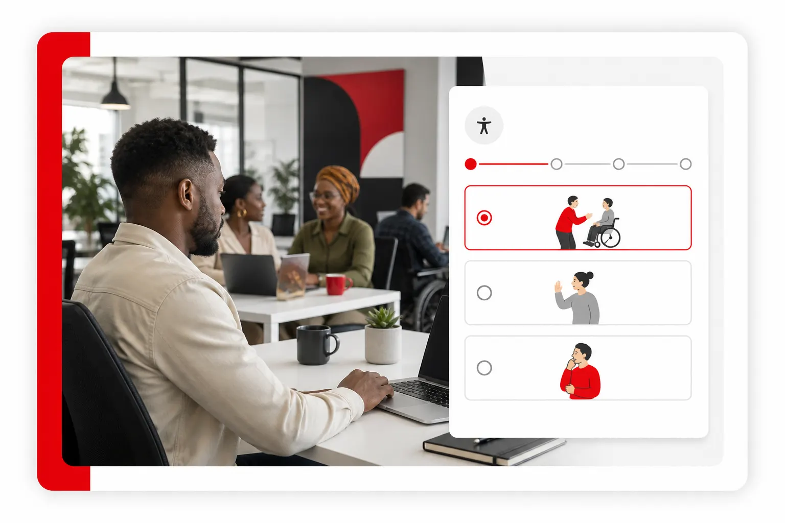 Workplace inclusion scenario showing realistic decision-based learning