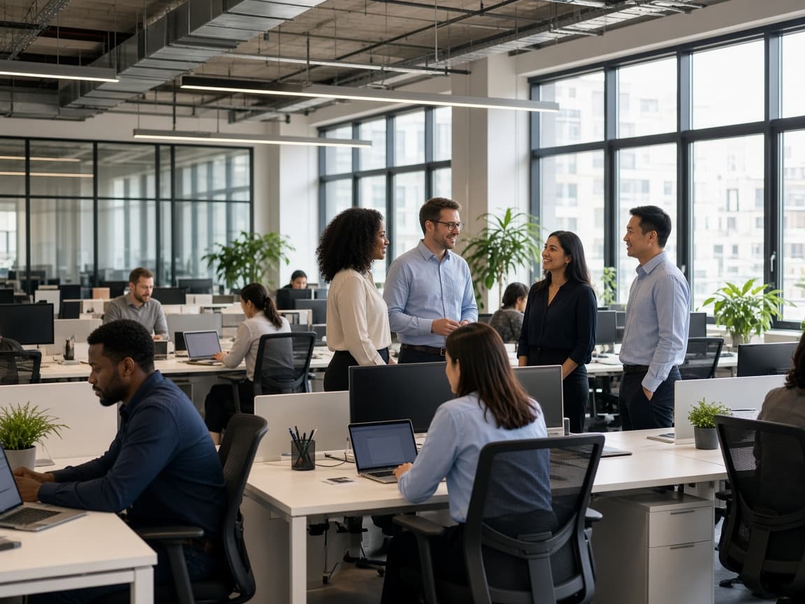 Diverse professionals collaborating across a busy open-plan office