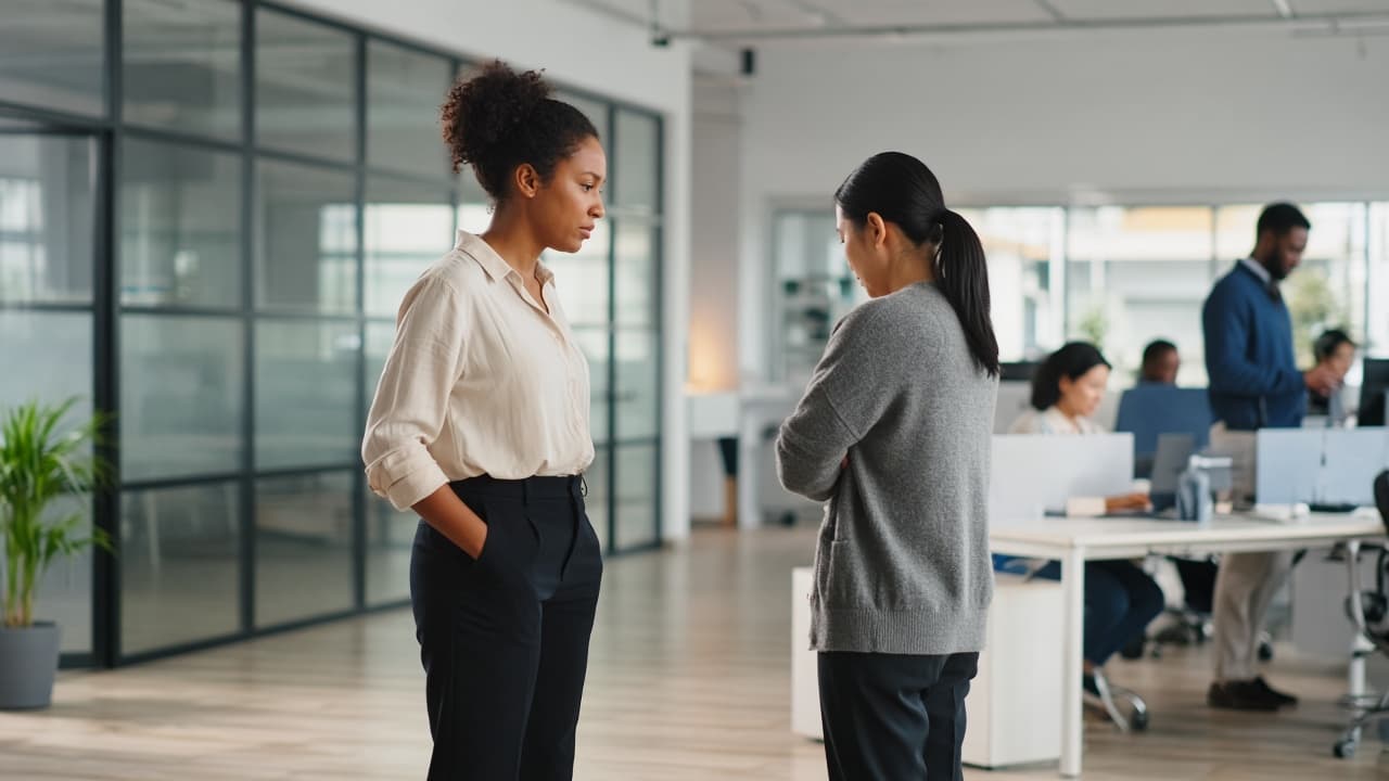 Two colleagues standing apart in an office, unsure how to step in.