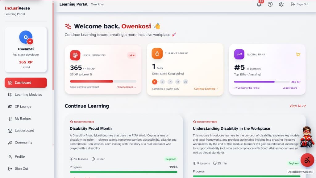 InclusiVerse learner dashboard on laptop